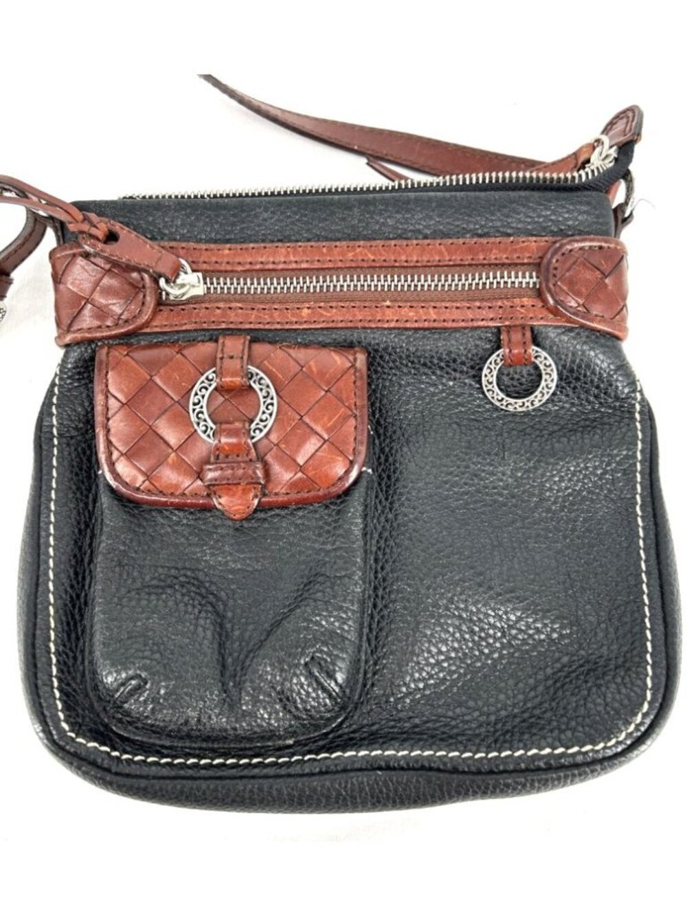 Brighton Purse Black Leather Brown Trim Crossbody Shoulder Bag Small Vtg